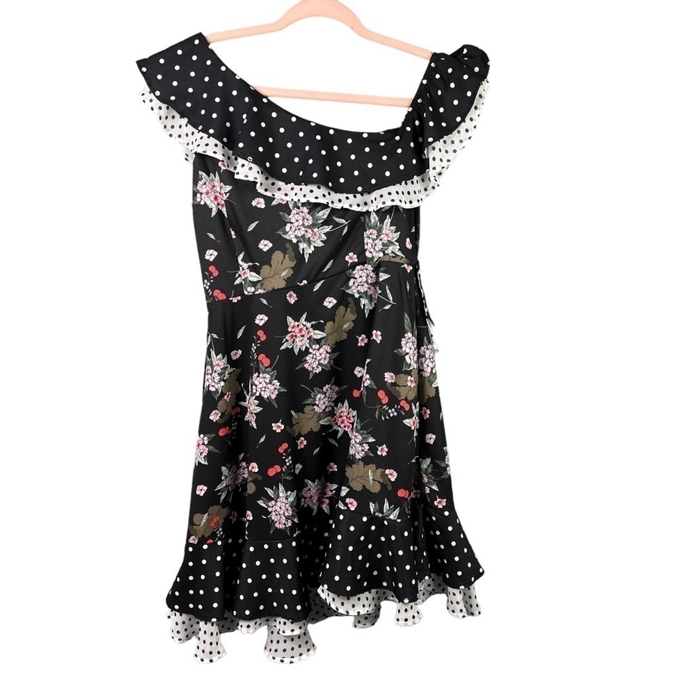Anthropologie Lea And Viola One Shoulder Dress Black Ruffle Polka Dots Size S